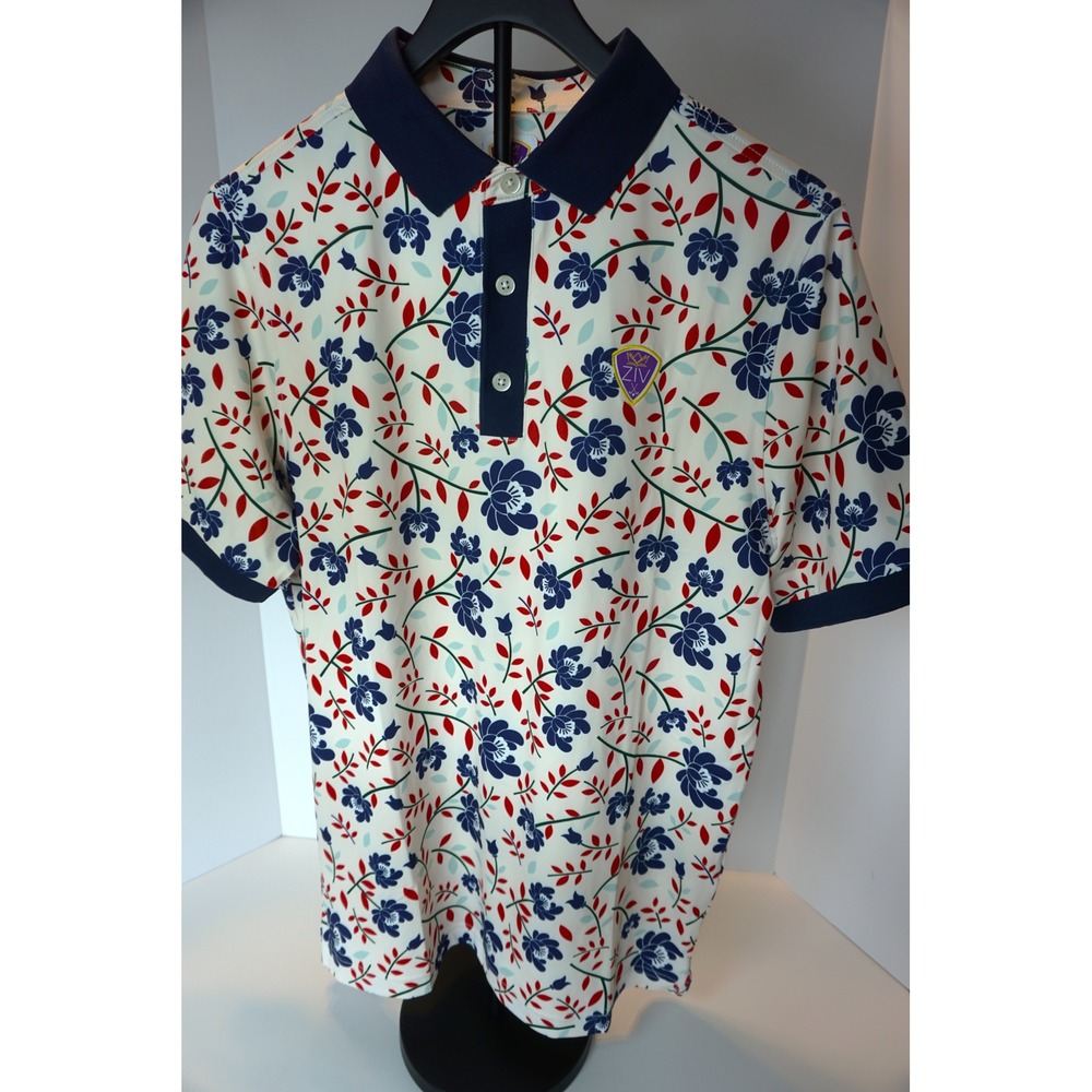 ZIV Mens Chancellor Polo Golf Shirt White Navy Red Floral Print Small